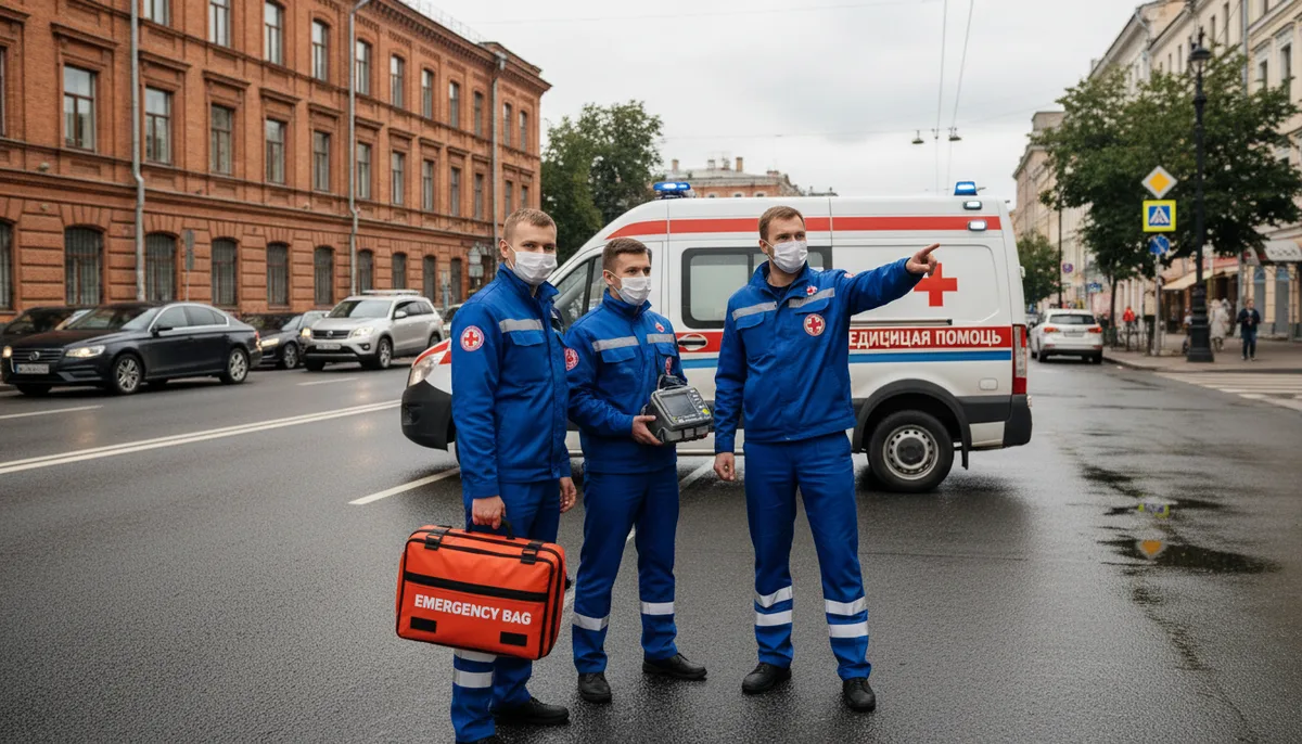 медицинская бригада с укладкой возле специализированного автомобиля, городская улица