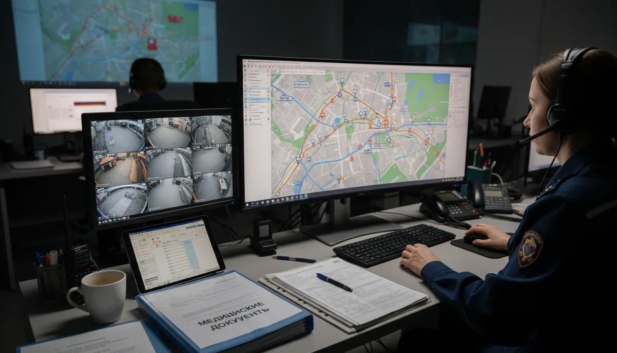 рабочее место диспетчера с монитором, карта города, гарнитура, медицинские документы